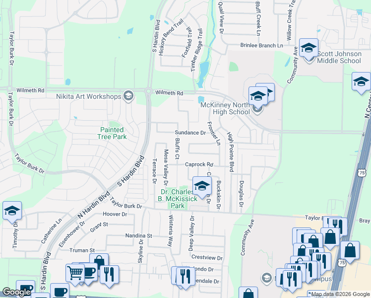map of restaurants, bars, coffee shops, grocery stores, and more near 2824 Bluffs Court in McKinney