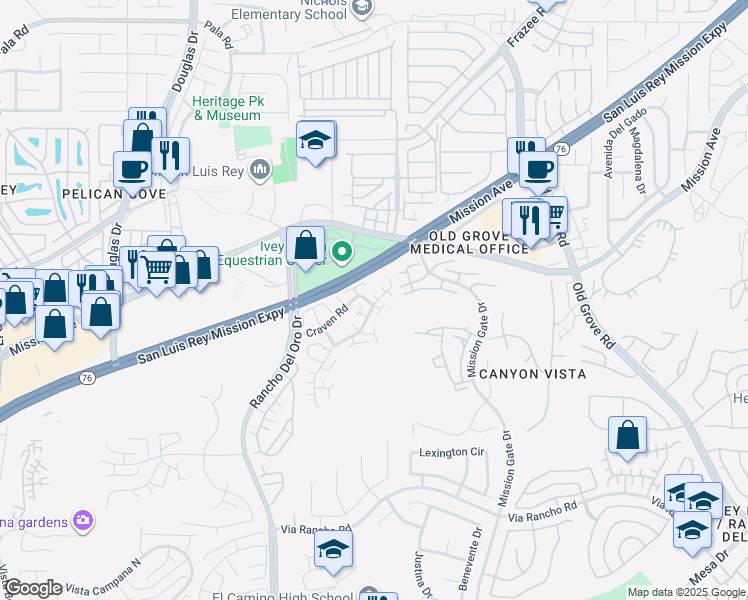 map of restaurants, bars, coffee shops, grocery stores, and more near 143 Alicia Way in Oceanside