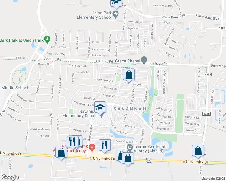 map of restaurants, bars, coffee shops, grocery stores, and more near 1012 Hayden Lane in Denton County