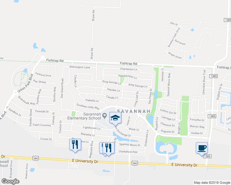map of restaurants, bars, coffee shops, grocery stores, and more near 1008 Hayden Lane in Savannah