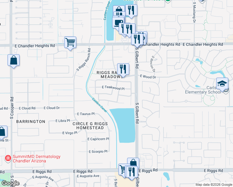 map of restaurants, bars, coffee shops, grocery stores, and more near 5412 South Bell Drive in Chandler