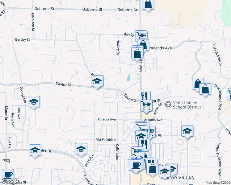 map of restaurants, bars, coffee shops, grocery stores, and more near 911 Taylor Street in Vista