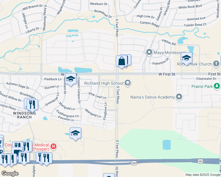 map of restaurants, bars, coffee shops, grocery stores, and more near 3701 Pine Leaf Lane in Prosper