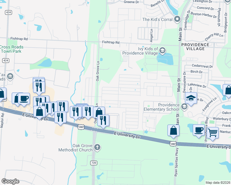 map of restaurants, bars, coffee shops, grocery stores, and more near 2409 Larimar Drive in Aubrey