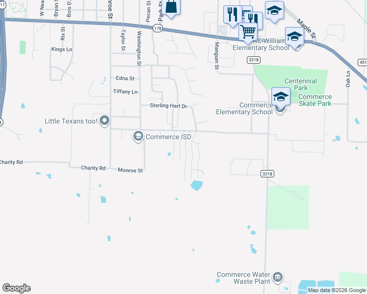 map of restaurants, bars, coffee shops, grocery stores, and more near 3017 Arapaho Rd in Commerce