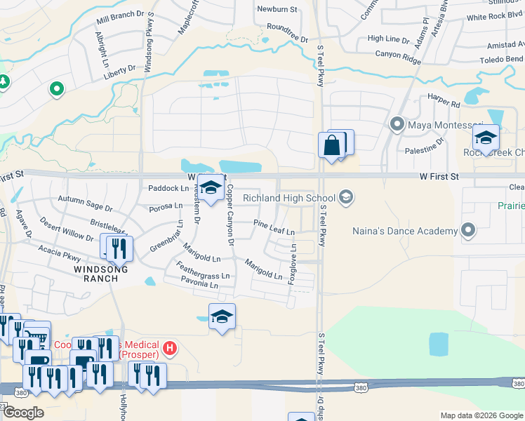 map of restaurants, bars, coffee shops, grocery stores, and more near 801 Drummond Drive in Prosper