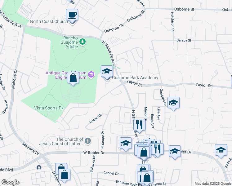 map of restaurants, bars, coffee shops, grocery stores, and more near 224 Flores Lane in Vista