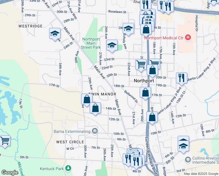 map of restaurants, bars, coffee shops, grocery stores, and more near 2500 Twin Manor in Northport
