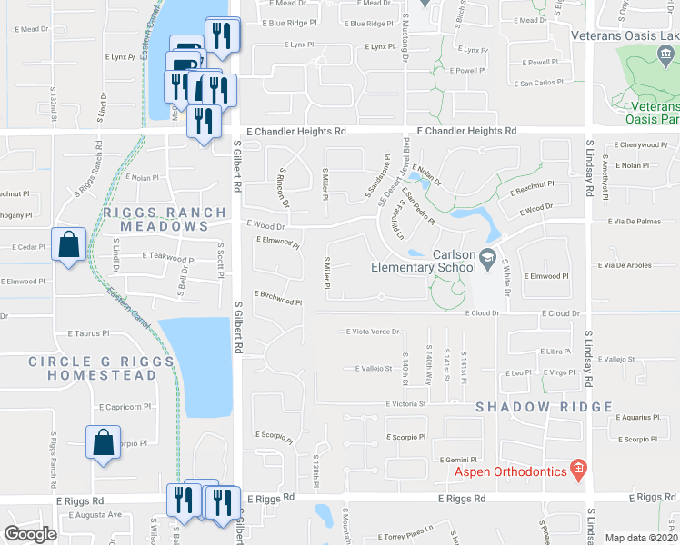 map of restaurants, bars, coffee shops, grocery stores, and more near 3303 East Elmwood Place in Chandler
