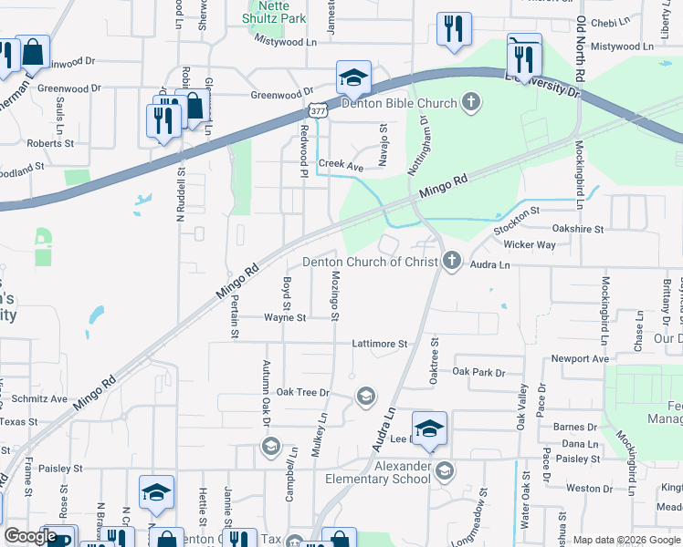 map of restaurants, bars, coffee shops, grocery stores, and more near 1602 Mozingo Street in Denton