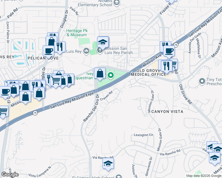 map of restaurants, bars, coffee shops, grocery stores, and more near 4054 Craven Road in Oceanside