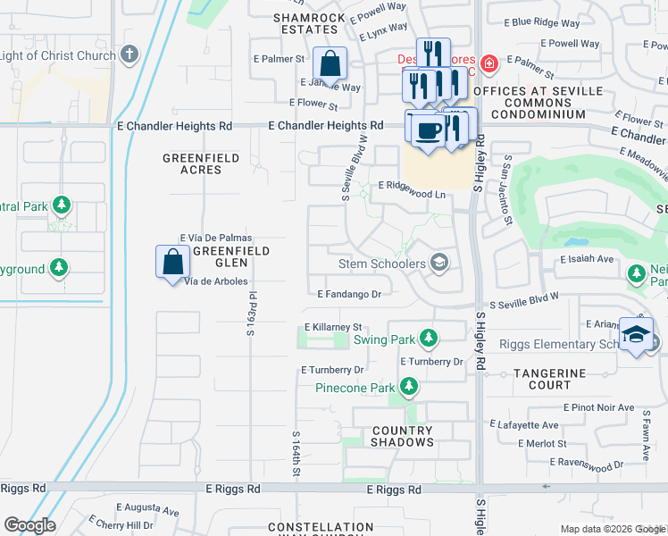 map of restaurants, bars, coffee shops, grocery stores, and more near 2874 East Isaiah Avenue in Gilbert