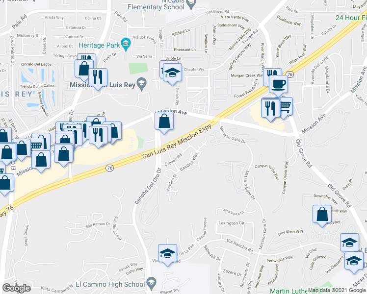 map of restaurants, bars, coffee shops, grocery stores, and more near 4042 Craven Road in Oceanside