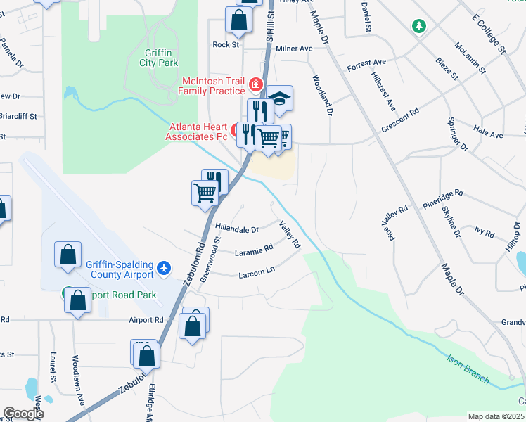 map of restaurants, bars, coffee shops, grocery stores, and more near 103 Valley Road in Griffin