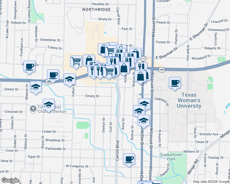 map of restaurants, bars, coffee shops, grocery stores, and more near 1302 Coit Street in Denton
