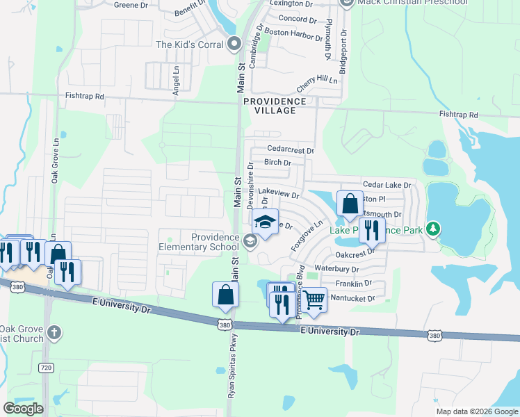 map of restaurants, bars, coffee shops, grocery stores, and more near 1031 Elm Drive in Providence Village
