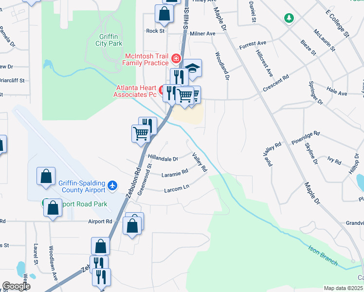map of restaurants, bars, coffee shops, grocery stores, and more near 103 Valley Road in Griffin