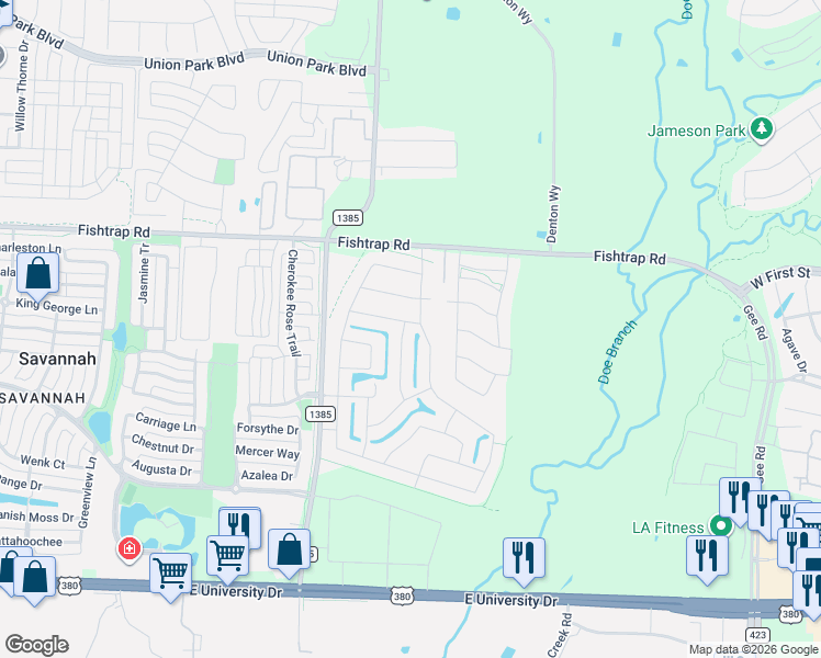 map of restaurants, bars, coffee shops, grocery stores, and more near 851 Westmoreland Drive in Aubrey
