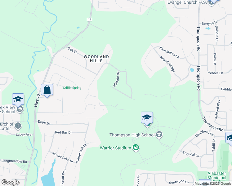 map of restaurants, bars, coffee shops, grocery stores, and more near 133 Forest Ridge Road in Alabaster
