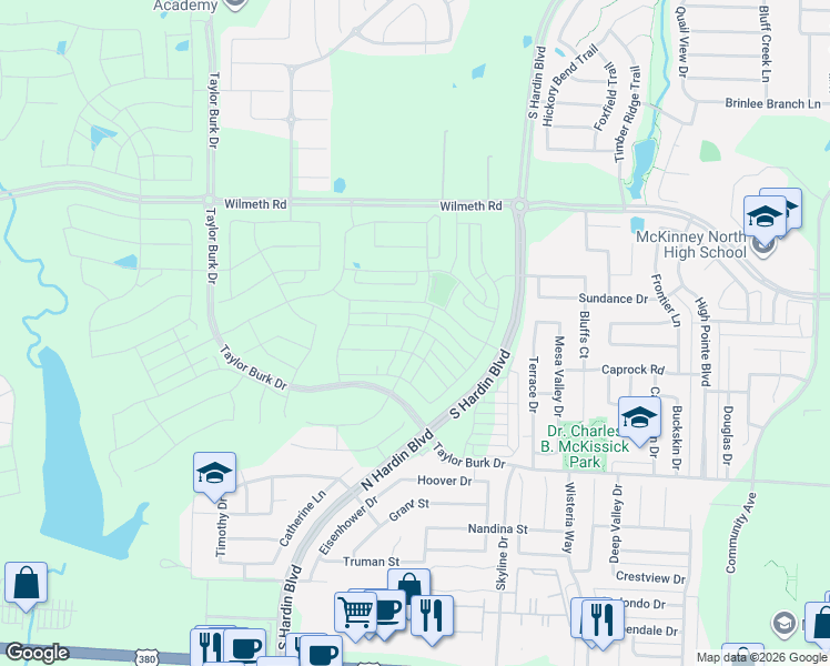map of restaurants, bars, coffee shops, grocery stores, and more near 2901 Hardin Boulevard in McKinney