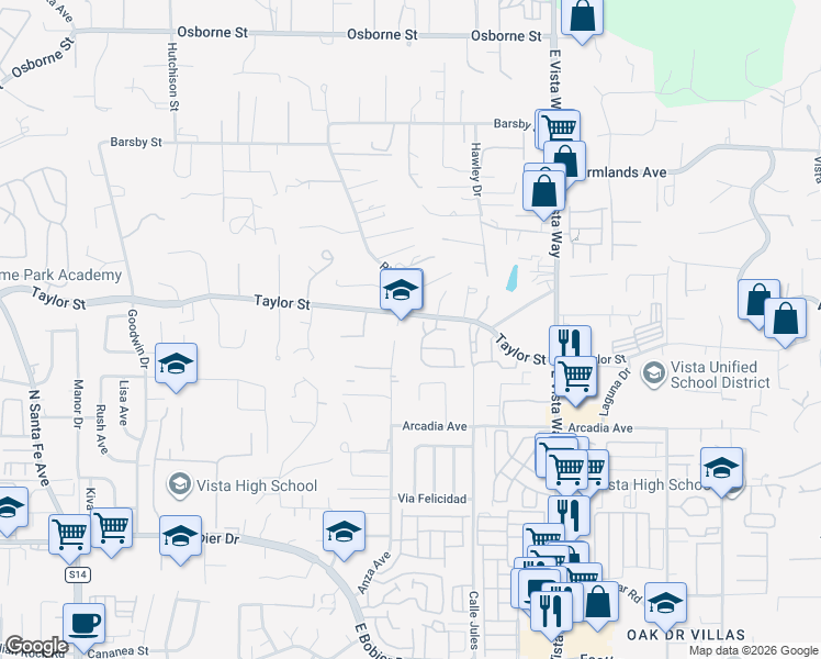 map of restaurants, bars, coffee shops, grocery stores, and more near 2 Taylor Street in Vista