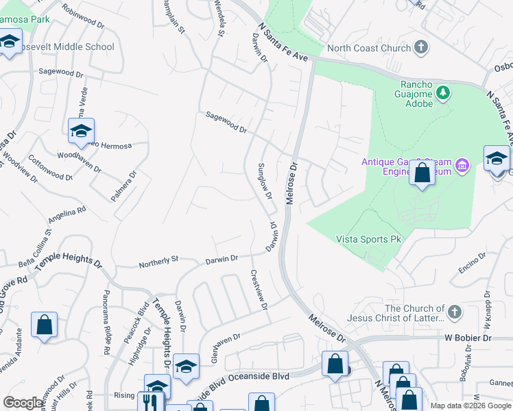 map of restaurants, bars, coffee shops, grocery stores, and more near 1303 Darwin Drive in Oceanside