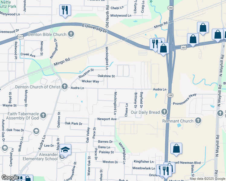 map of restaurants, bars, coffee shops, grocery stores, and more near 1812 Audra Lane in Denton