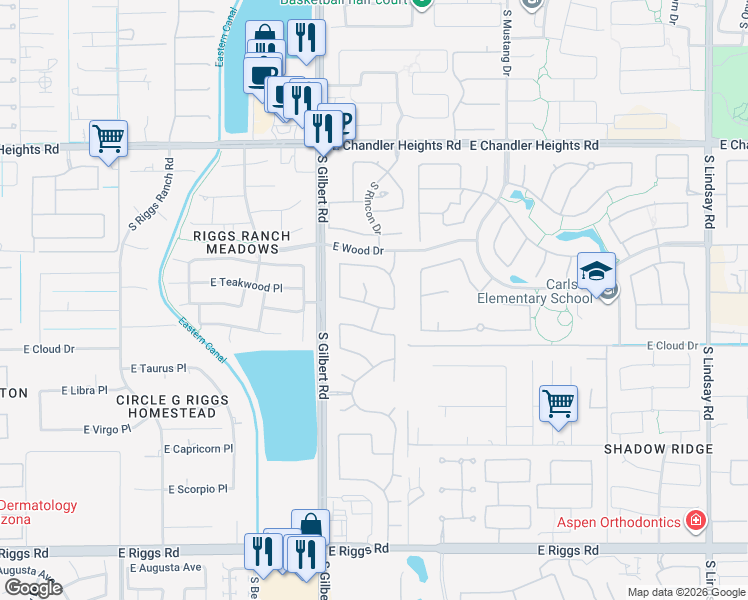 map of restaurants, bars, coffee shops, grocery stores, and more near 3111 East Elmwood Place in Chandler