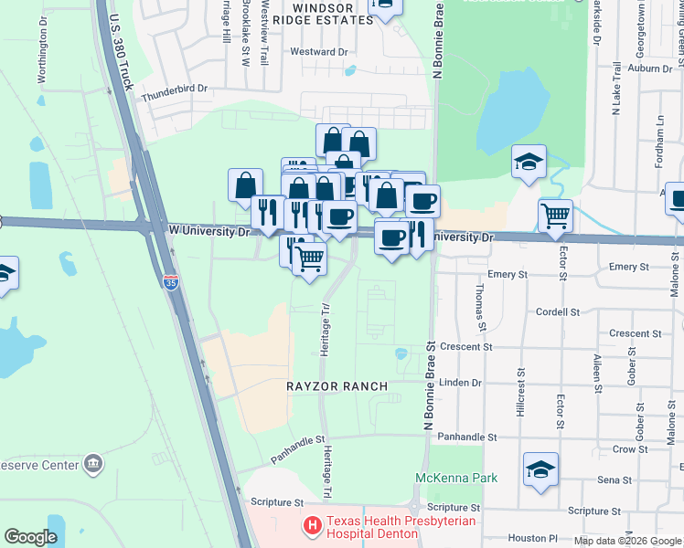 map of restaurants, bars, coffee shops, grocery stores, and more near Heritage Trail in Denton