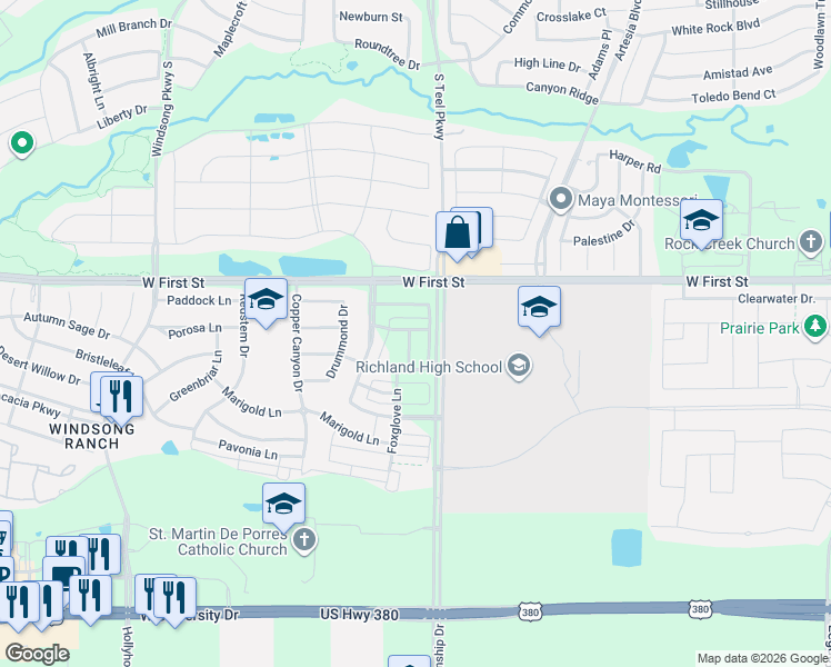 map of restaurants, bars, coffee shops, grocery stores, and more near 3701 Pine Leaf Lane in Prosper