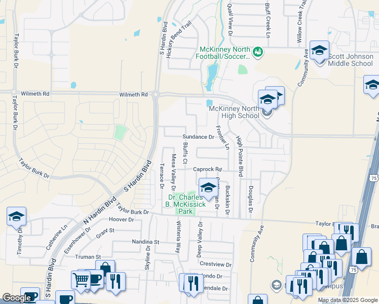 map of restaurants, bars, coffee shops, grocery stores, and more near 2828 Bluffs Court in McKinney