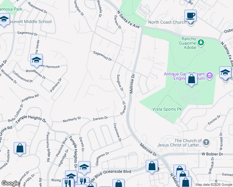 map of restaurants, bars, coffee shops, grocery stores, and more near 1303 Darwin Drive in Oceanside