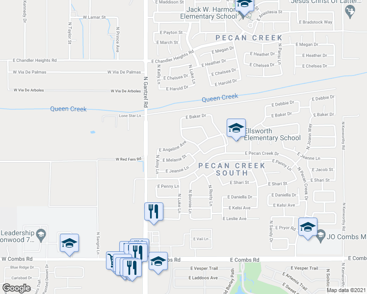 map of restaurants, bars, coffee shops, grocery stores, and more near 581 East Angeline Avenue in Queen Creek