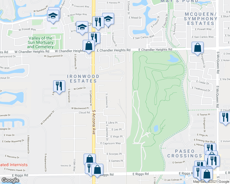 map of restaurants, bars, coffee shops, grocery stores, and more near 24053 South Arizona Avenue in Chandler