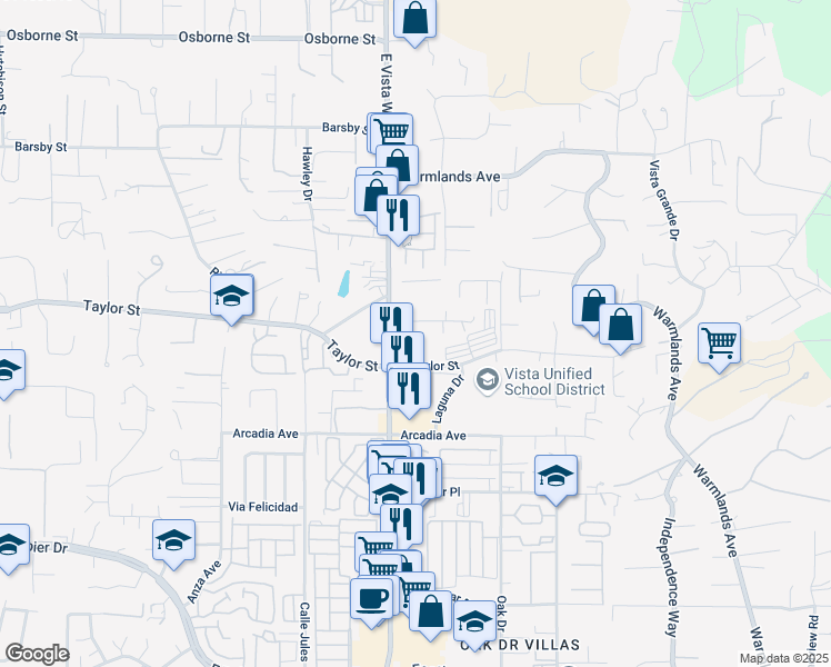 map of restaurants, bars, coffee shops, grocery stores, and more near 1133 Larkhill Drive in Vista