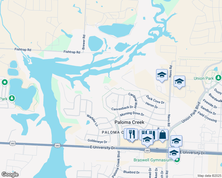 map of restaurants, bars, coffee shops, grocery stores, and more near 1220 Cardinal Way in Aubrey