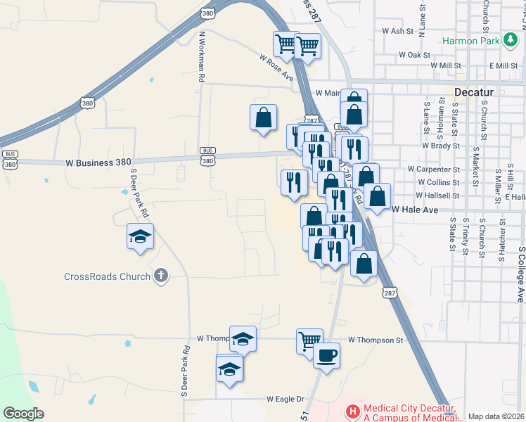 map of restaurants, bars, coffee shops, grocery stores, and more near 800 S U.S. 287 in Decatur