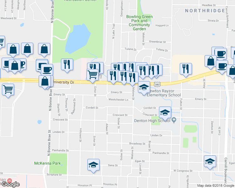 map of restaurants, bars, coffee shops, grocery stores, and more near 1805 Emery Street in Denton