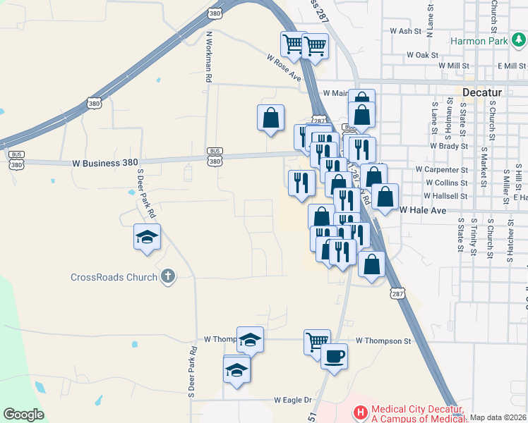 map of restaurants, bars, coffee shops, grocery stores, and more near 800 S U.S. 287 in Decatur