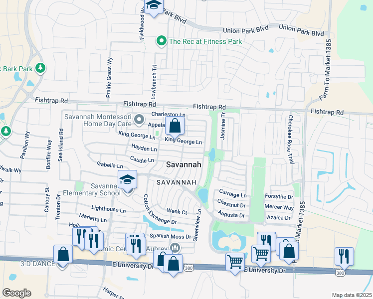 map of restaurants, bars, coffee shops, grocery stores, and more near 1205 Hayden Lane in Aubrey