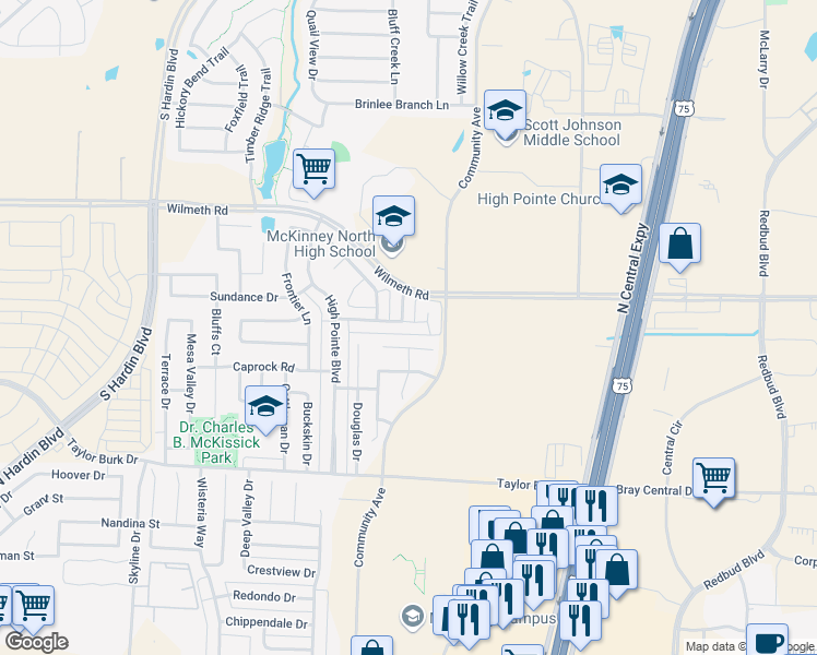 map of restaurants, bars, coffee shops, grocery stores, and more near 2117 Summit Drive in McKinney