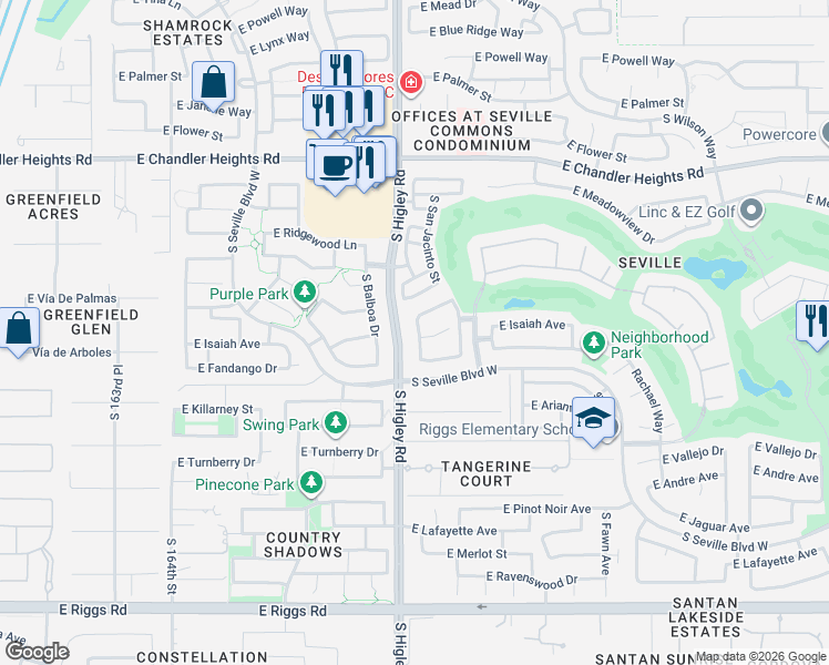 map of restaurants, bars, coffee shops, grocery stores, and more near 6720 South Seton Avenue in Gilbert
