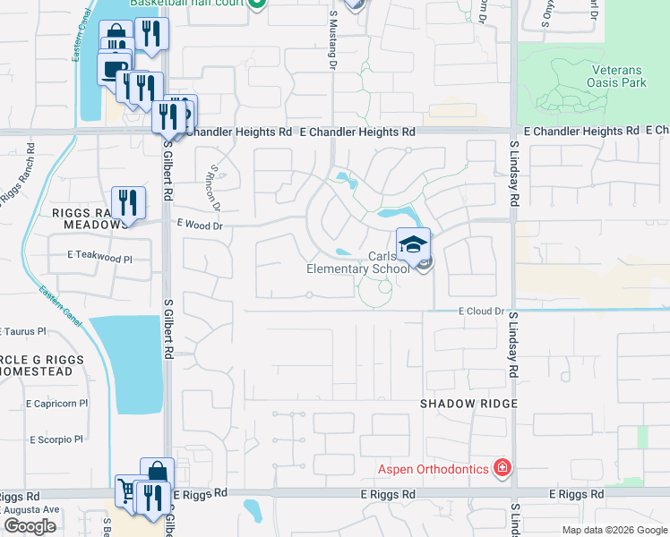 map of restaurants, bars, coffee shops, grocery stores, and more near 5421 South San Sebastian Place in Chandler