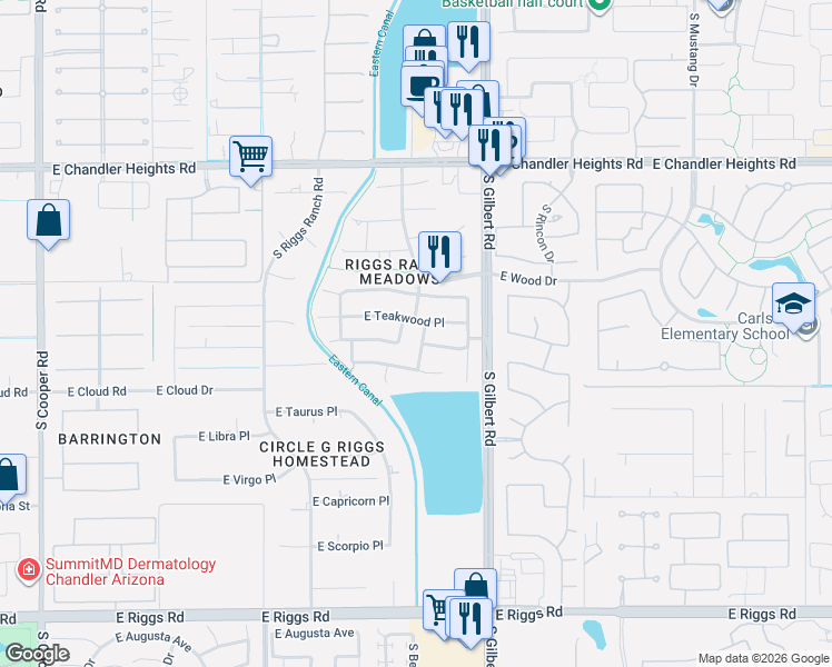 map of restaurants, bars, coffee shops, grocery stores, and more near 5412 South Bell Drive in Chandler