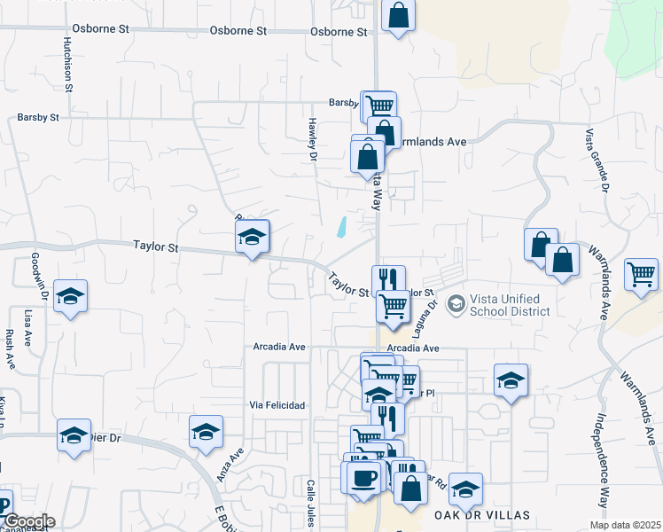 map of restaurants, bars, coffee shops, grocery stores, and more near 950 Taylor Street in Vista