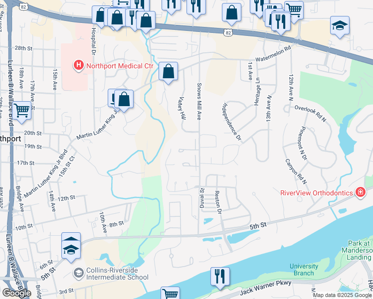 map of restaurants, bars, coffee shops, grocery stores, and more near 1900 Snows Mill Avenue in Northport