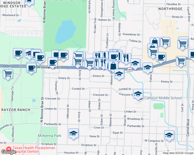 map of restaurants, bars, coffee shops, grocery stores, and more near 1805 Emery Street in Denton