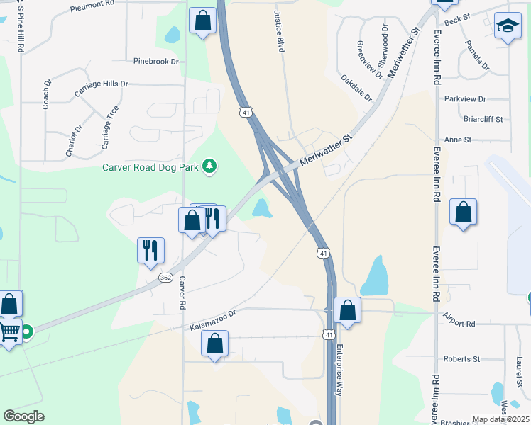 map of restaurants, bars, coffee shops, grocery stores, and more near 1532 Meriwether Street in Griffin