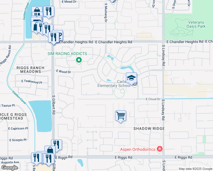 map of restaurants, bars, coffee shops, grocery stores, and more near 5421 South San Sebastian Place in Chandler