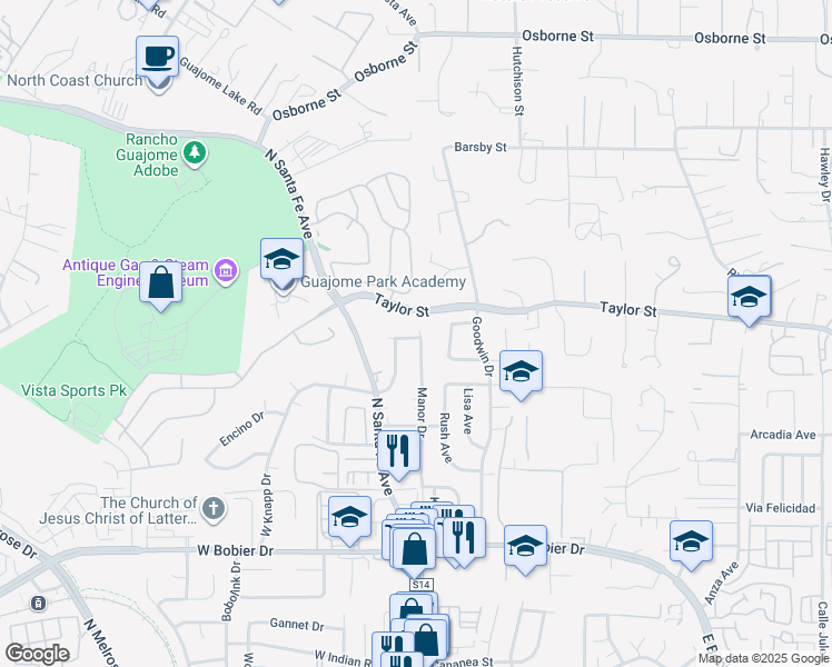 map of restaurants, bars, coffee shops, grocery stores, and more near 1628 Manor Drive in Vista